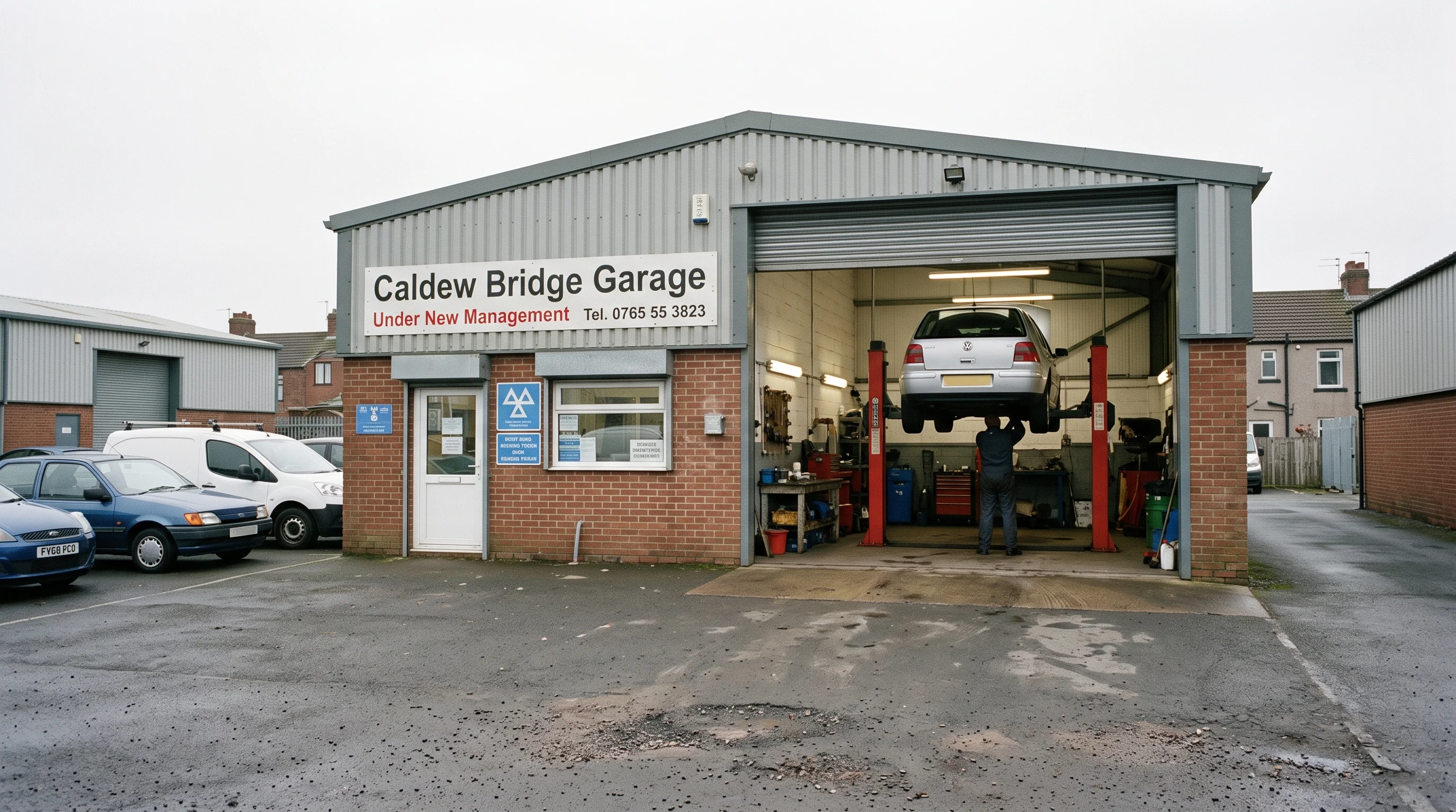 The garage seen from across its forecourt, roller door open with a car raised on the ramp inside