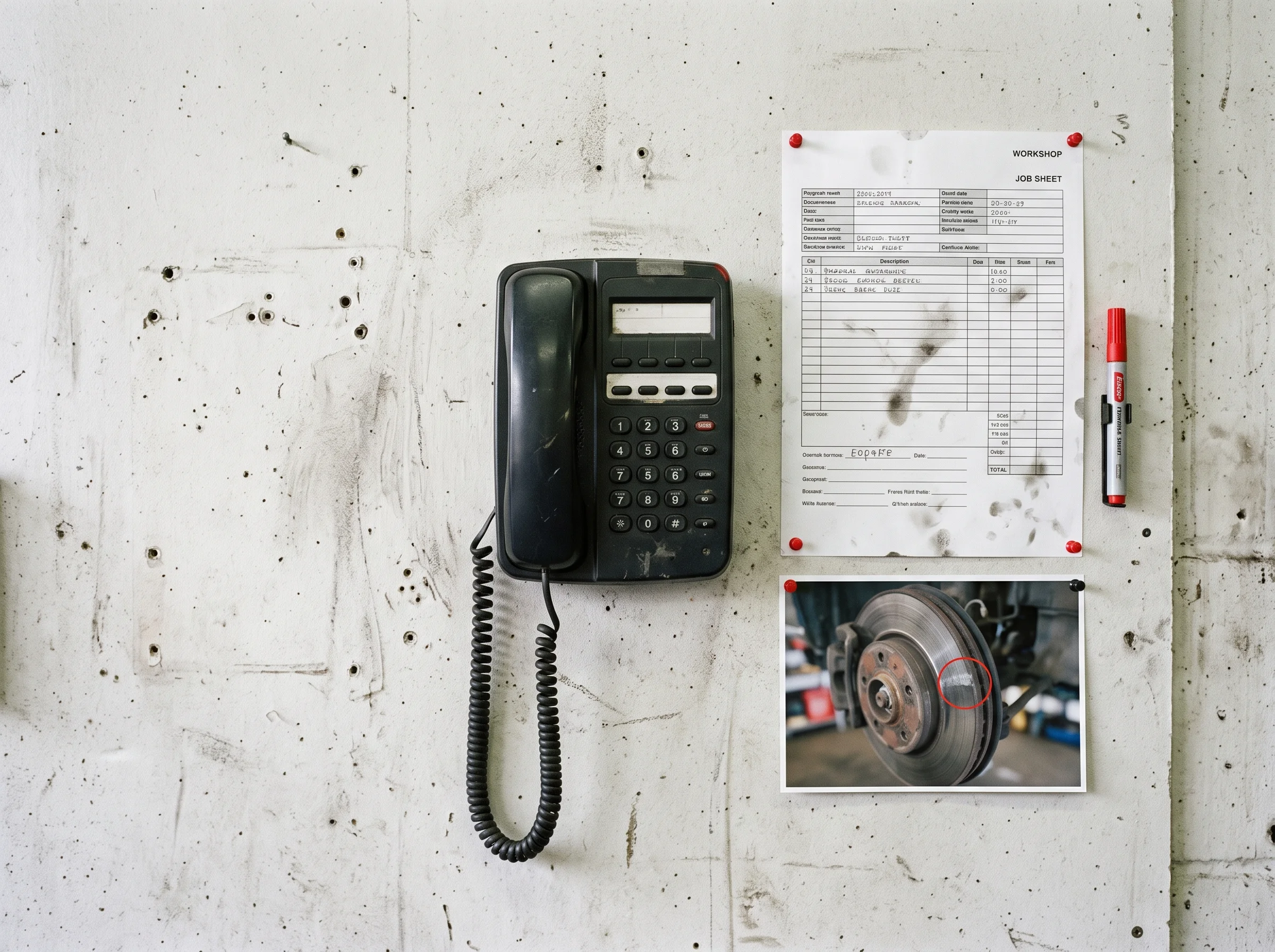 The workshop wall phone with a job sheet and a printed photograph pinned beside it