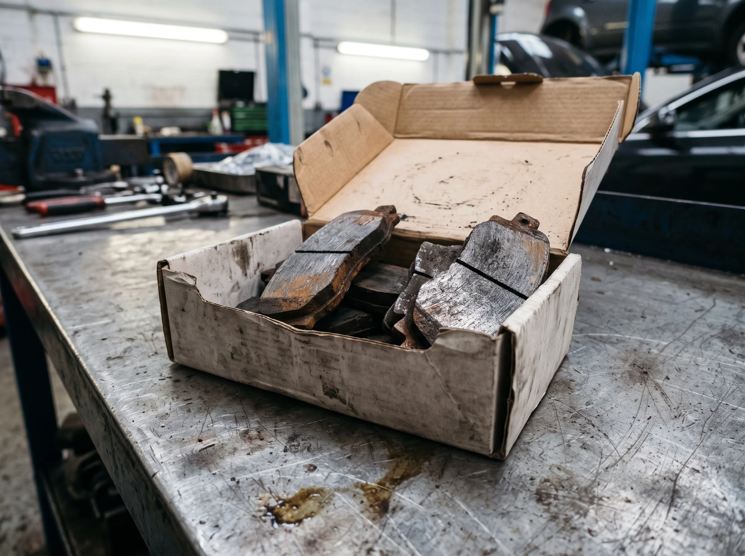 Worn brake pads sitting in an open parts box on the workbench, ready to be returned to the customer