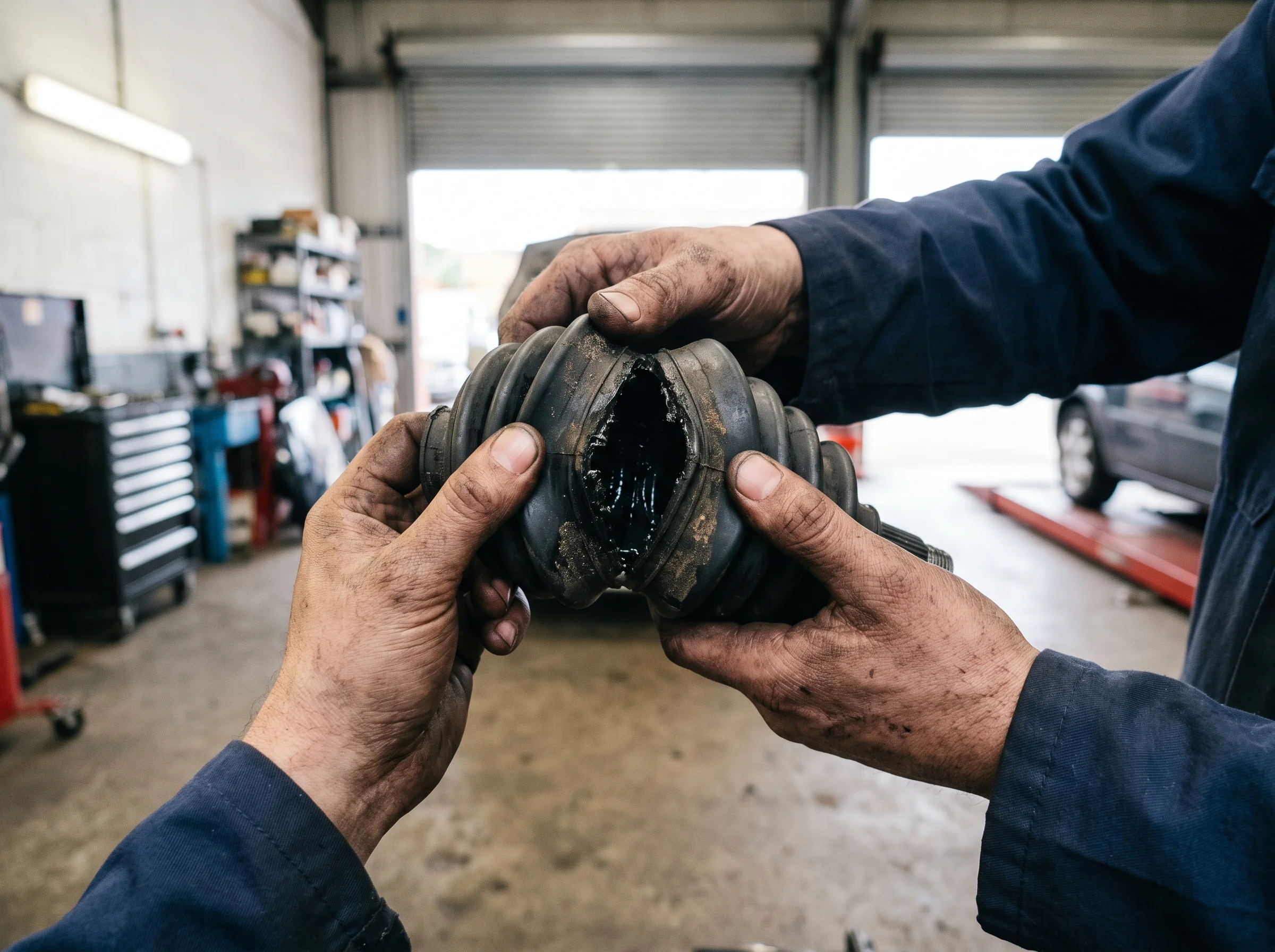 Oil-stained hands holding a split CV boot up to the camera inside the workshop