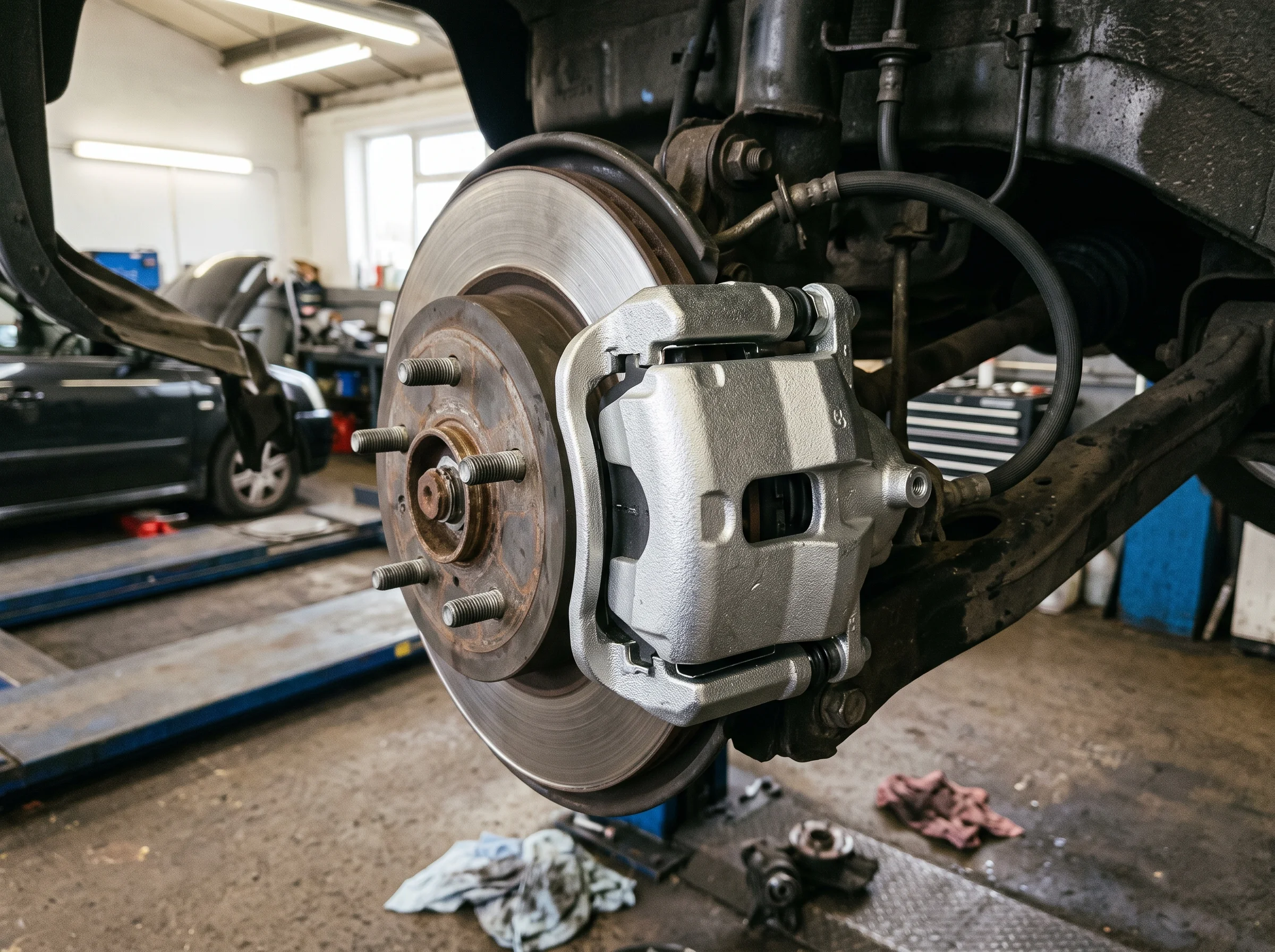The new rear brake caliper and pads fitted to the hub, photographed at the wheel arch