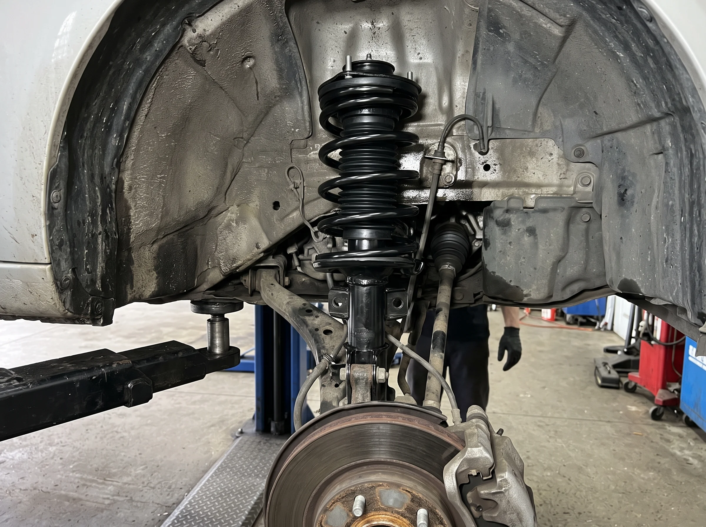 A new coil spring fitted to the front strut, photographed from under the ramp