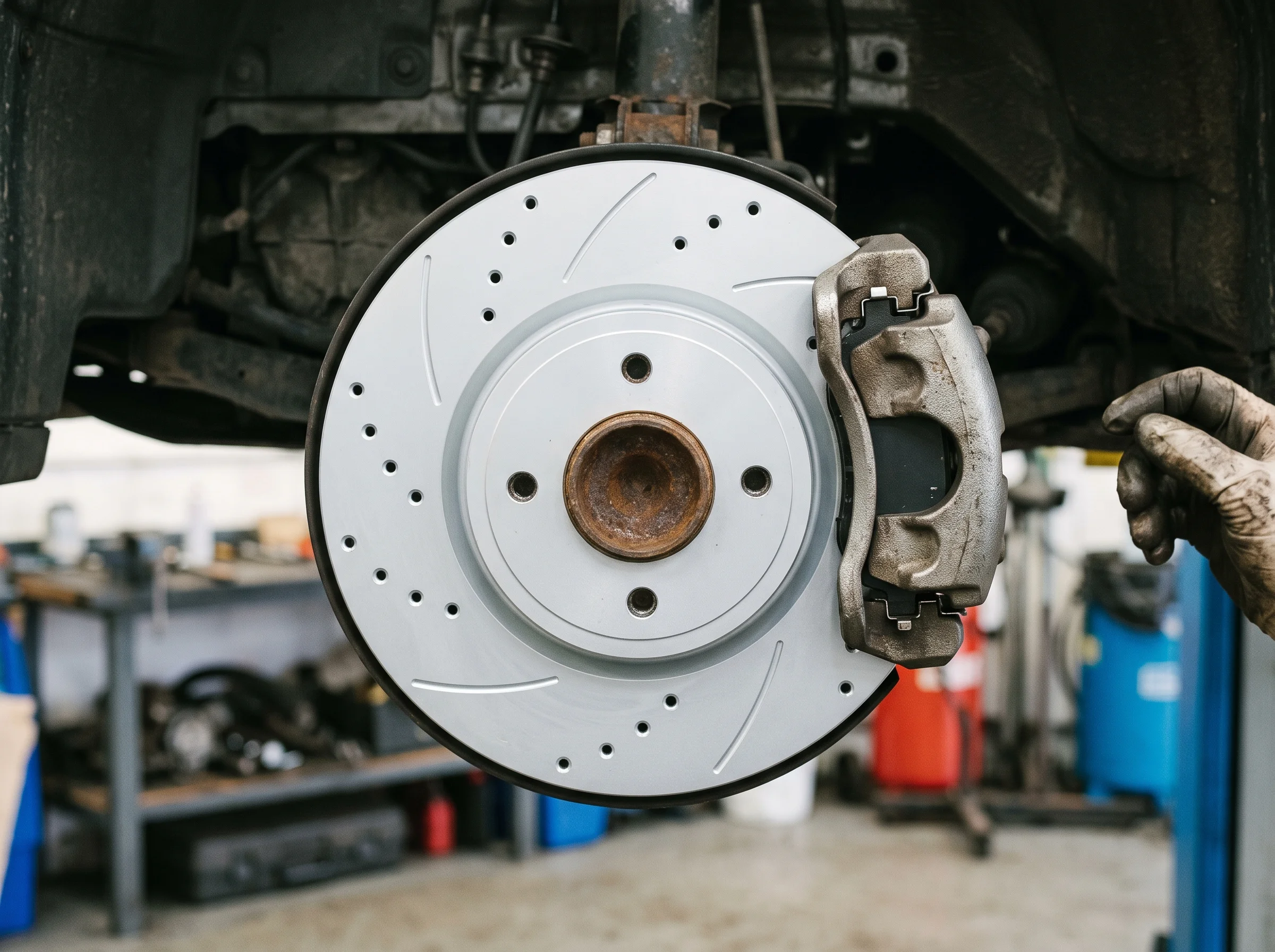A new front brake disc and pads fitted to the hub with the caliper back in place