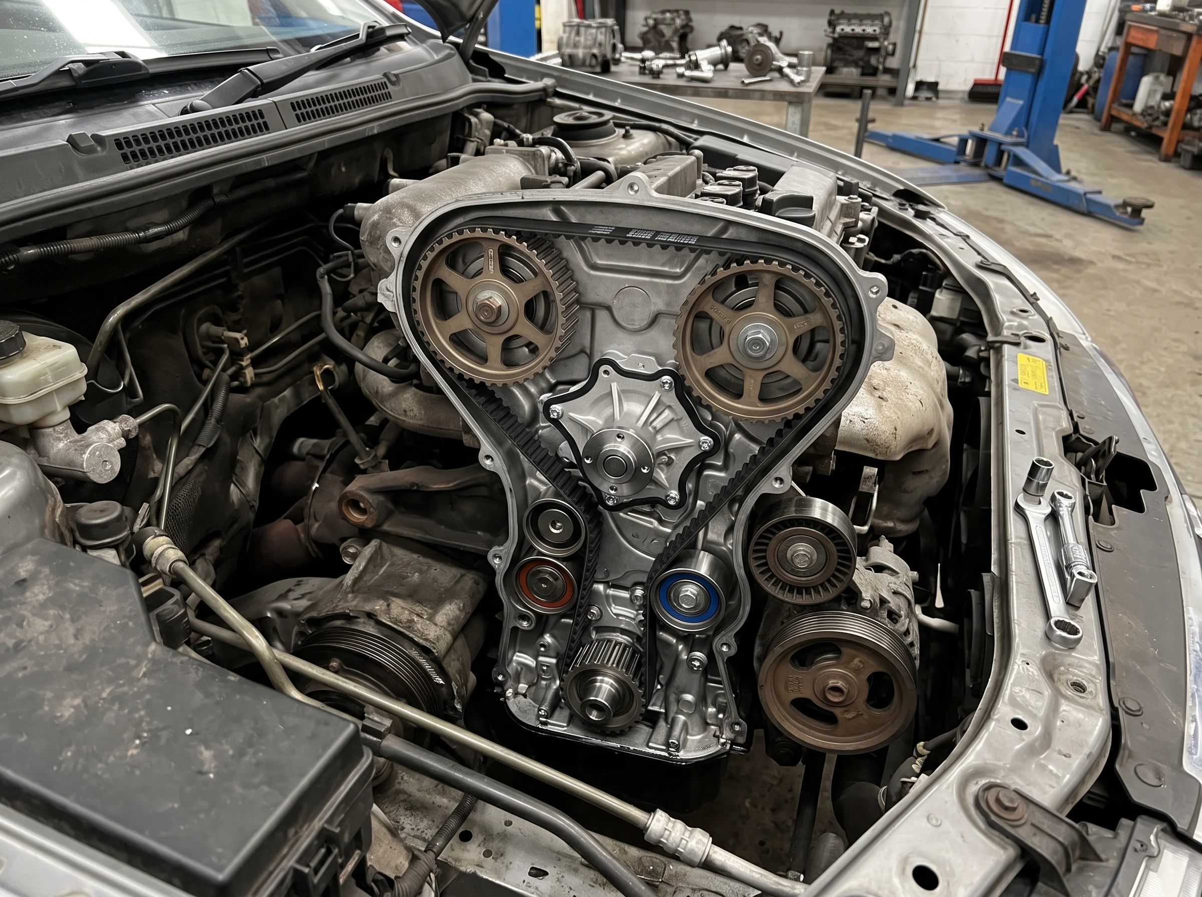 A new timing belt and water pump fitted in the engine bay before the cover is refitted