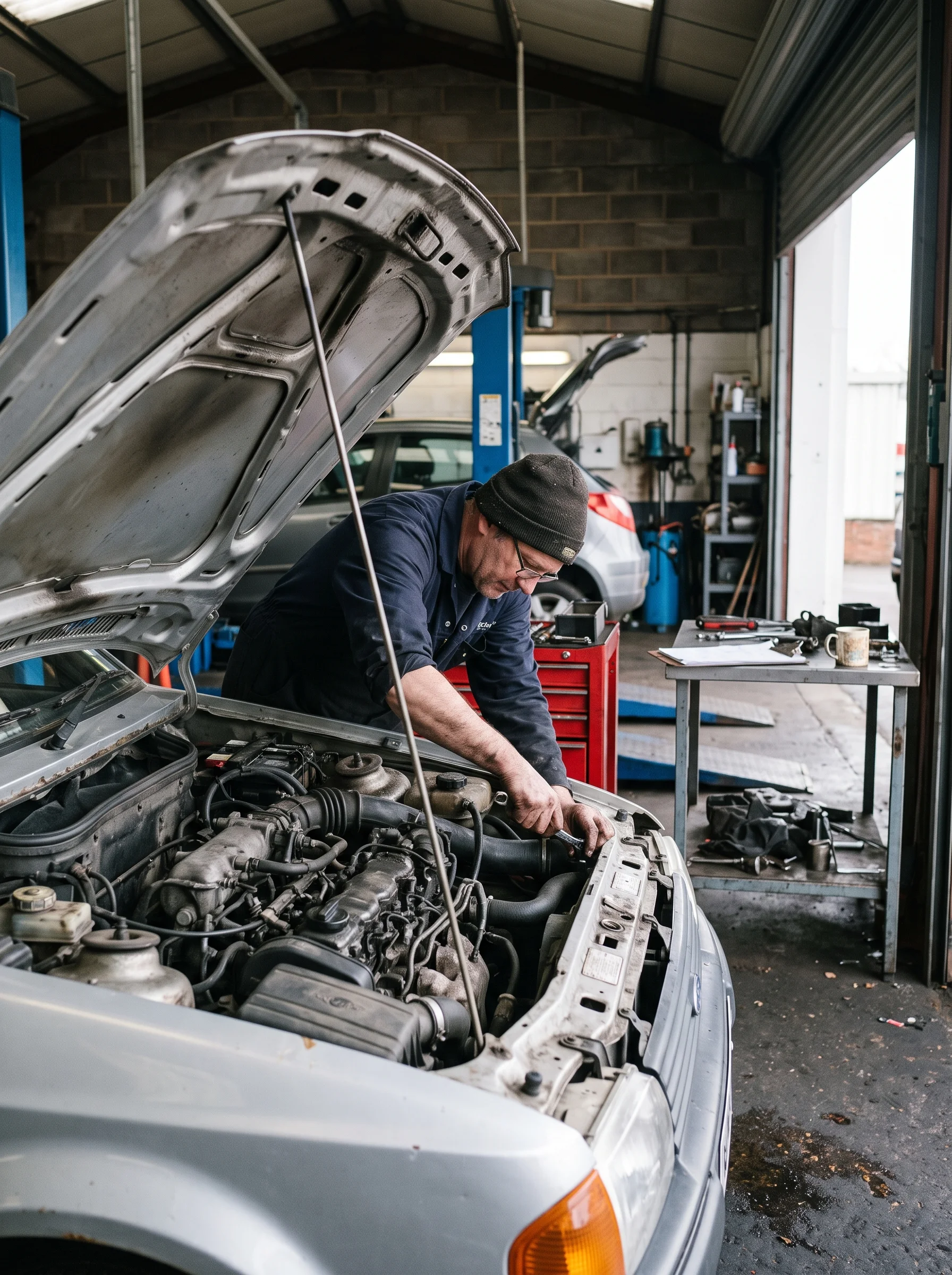 A mechanic leaning over an open bonnet at work, lit by daylight through the workshop's roller door