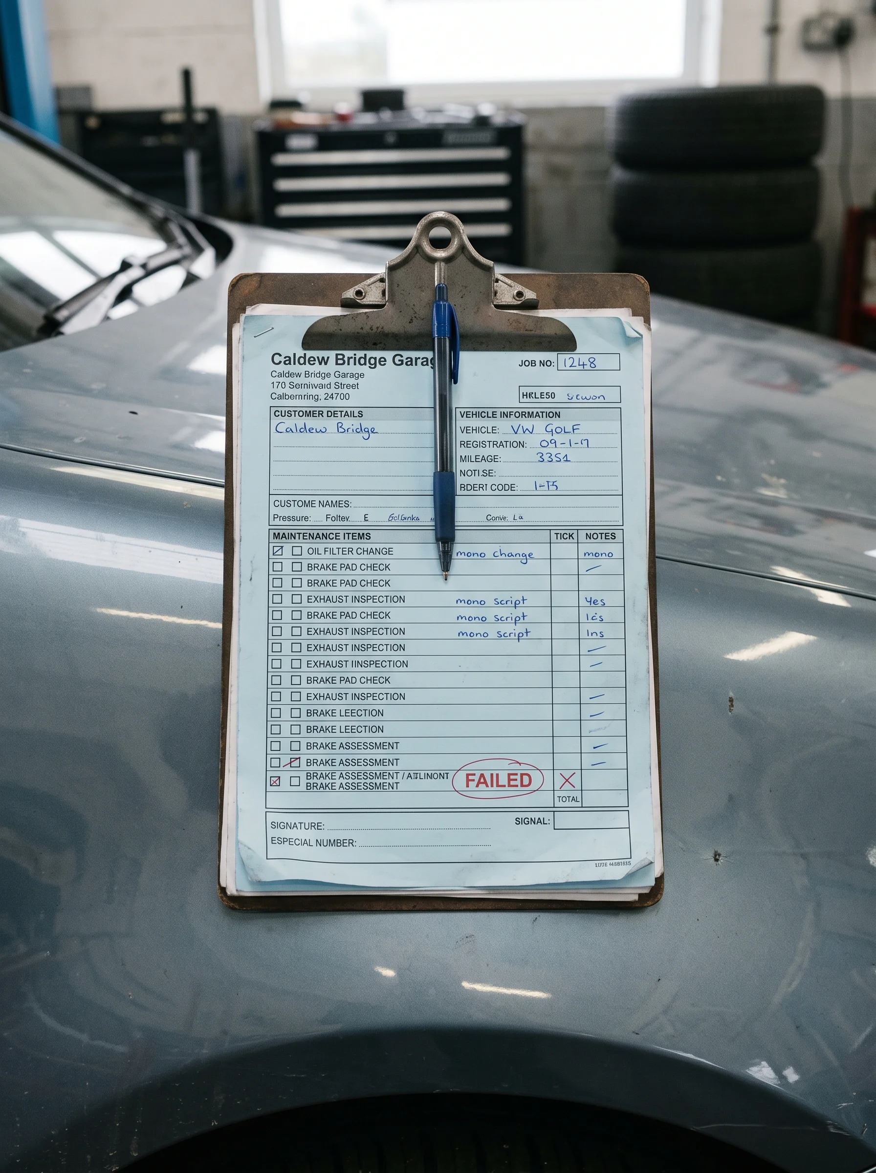 A clipboard with a carbon-copy job sheet and a biro resting on a car wing in the workshop